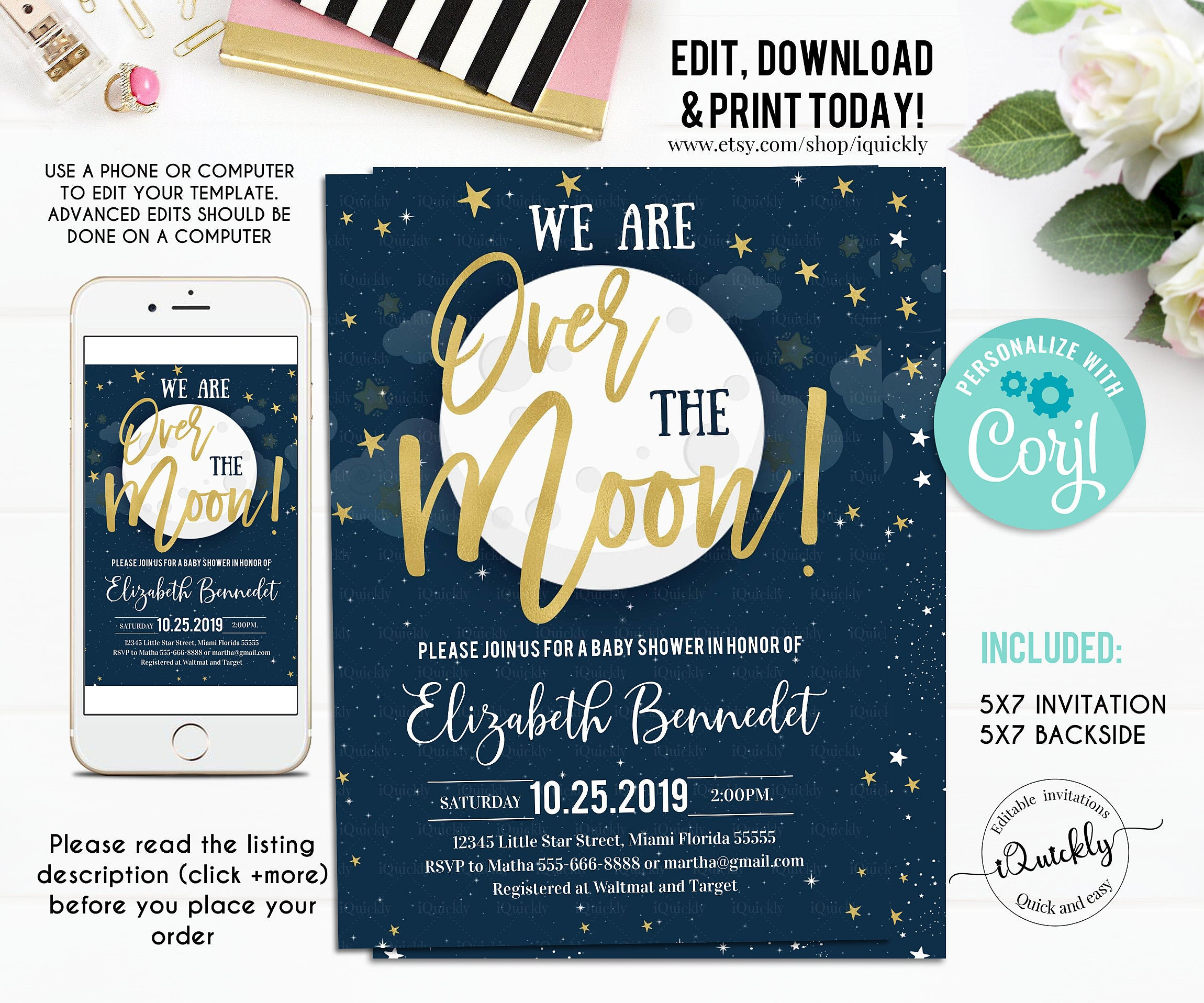 Editable Moon And Star Baby Shower Invitation Over The Moon Etsy
