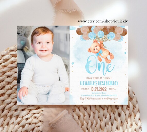 Editable Teddy Bear Birthday Invitation Boy Bear Themed Invite,1st Birthday Bear with Balloons Invitations template digital Instant download Il_570xn
