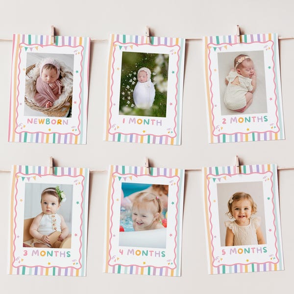 Fun to Be One Photo Monthly Banner, Pastel Rainbow Milestone Bunting, First Birthday Photo Banner Garland, Editable Canva Template