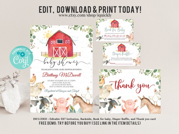 Farm Baby Shower Invitation Set, EDITABLE Gender Neutral Pack, Farm animals invitations, Package Farm Theme Boy Baby shower Instant download Il_570xn