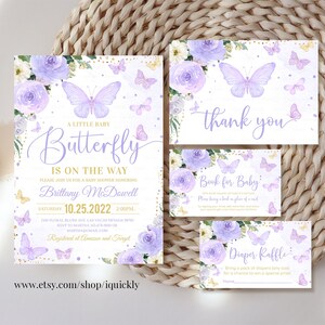 May include: Purple and gold baby shower invitation with a butterfly design. The invitation says "A Little Baby Butterfly is on the Way" and includes the date and time of the shower. There are also thank you cards, a book for baby card, and a diaper raffle card.