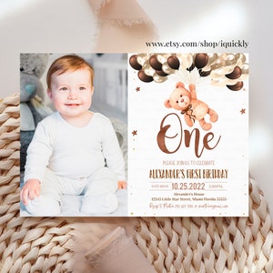 Invito di compleanno modificabile per orsacchiotto Invito a tema orsetto ragazzo, modello di inviti per il primo compleanno di orsetto con palloncini Download immediato
