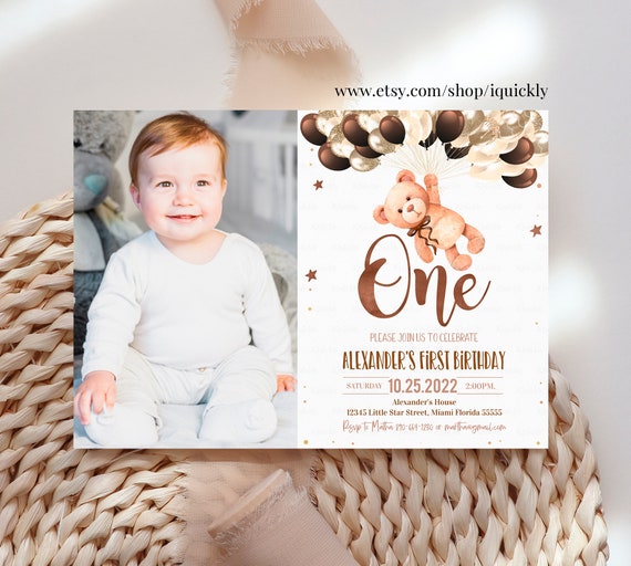 Editable Teddy Bear Birthday Invitation Boy Bear Themed Invite,1st Birthday Bear with Balloons Invitations template Instant download Il_570xn