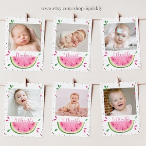 Puede incluir: Seis tarjetas de hitos para bebés imprimibles con diseños de sandía. Cada tarjeta presenta una edad diferente, desde recién nacido hasta 5 meses, y un espacio para una foto. Las tarjetas están decoradas con sandías rosas y verdes, corazones y hojas.