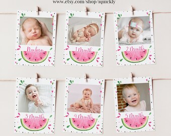 BEWERKBARE watermeloen maandelijkse banner foto 12 maanden afdrukbare 1e verjaardag bunting banner één in een meloen sjabloon meisje Instant download WM2