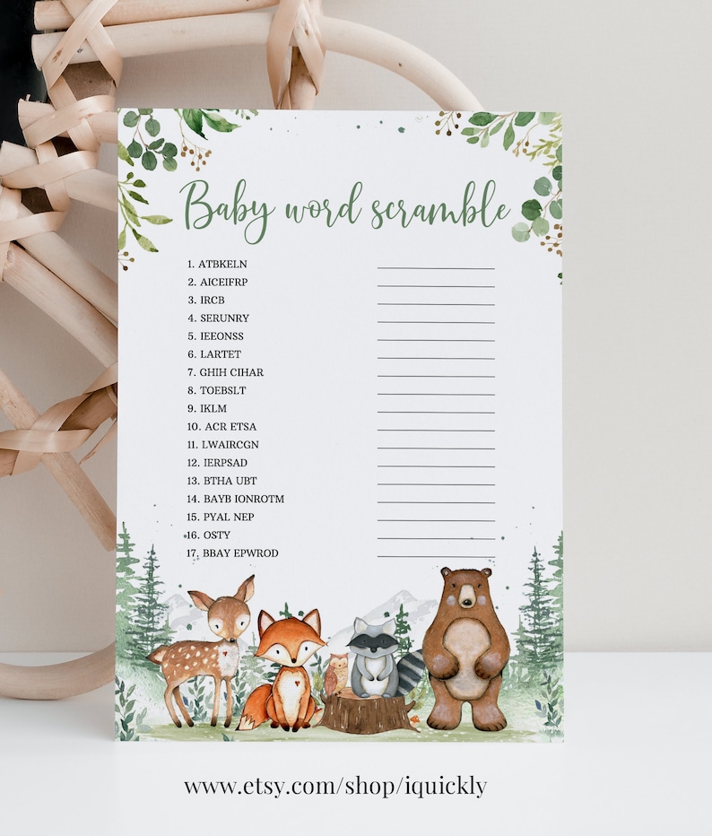 Woodland Baby Shower Games Baby Scramble Gender Neutral Woodland creatures animals Theme Template Instant download image 4
