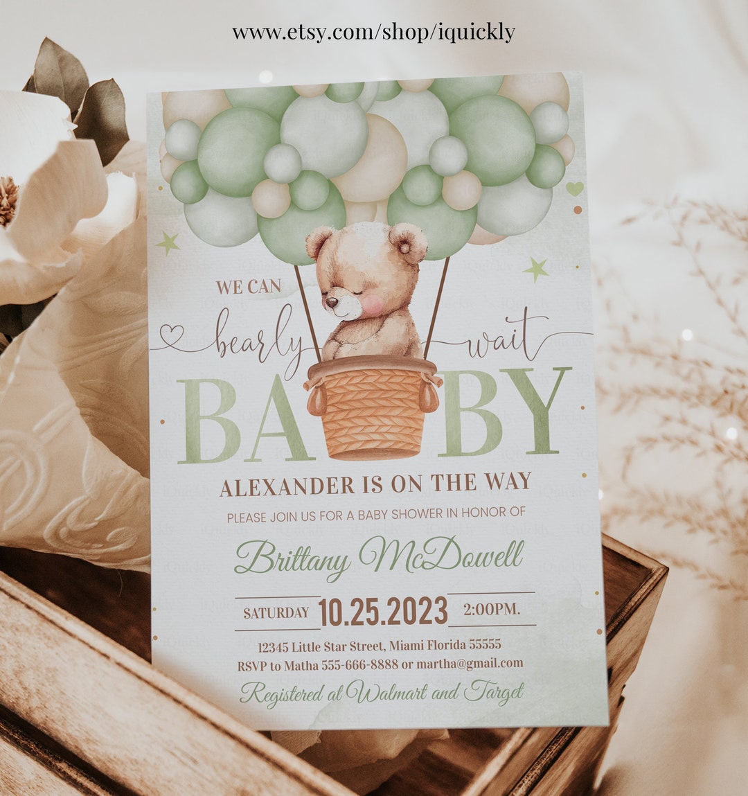 Editable We Can Bearly Wait Baby Shower Invitation Teddy Bear Hot Air ...