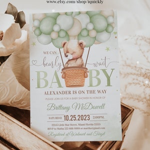 Modificabile Possiamo aspettare con trepidazione Invito per baby shower Orsetto in mongolfiera Modello per inviti a tema Orsetto Download immediato