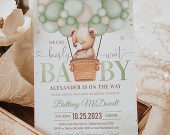 Editable We Can Bearly Wait Baby Shower Invitation Teddy Bear Hot Air Balloon Bear Theme Invites Template Instant Download