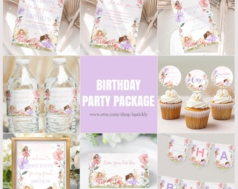 Paquete de invitación para fiesta de primer cumpleaños de niña con diseño de flores de jardín, plantilla imprimible, descarga digital, FA203