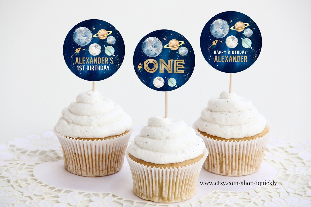 Outer Space Birthday Cupcake Toppers First Trip Around the Sun Favor