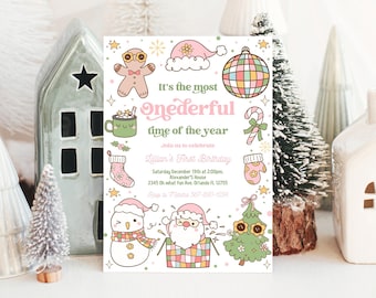 May include: A festive invitation with the text "It's the most Onederful time of the year" and "Lillian's First Birthday." The design includes illustrations of a gingerbread man, Santa Claus, a snowman, and other holiday-themed graphics.
