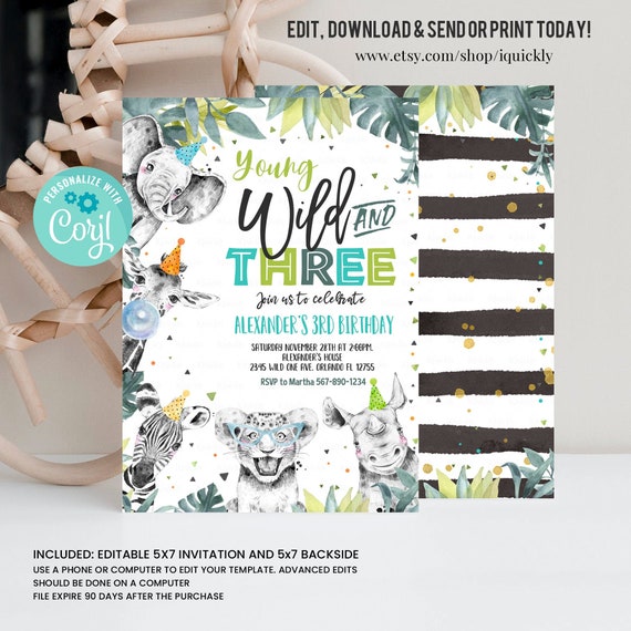 Editable Young Wild and Three Invitation Boy Safari Animals Zoo invite Jungle animals Instant Download Printable Template Digital Corjl Il_570xn