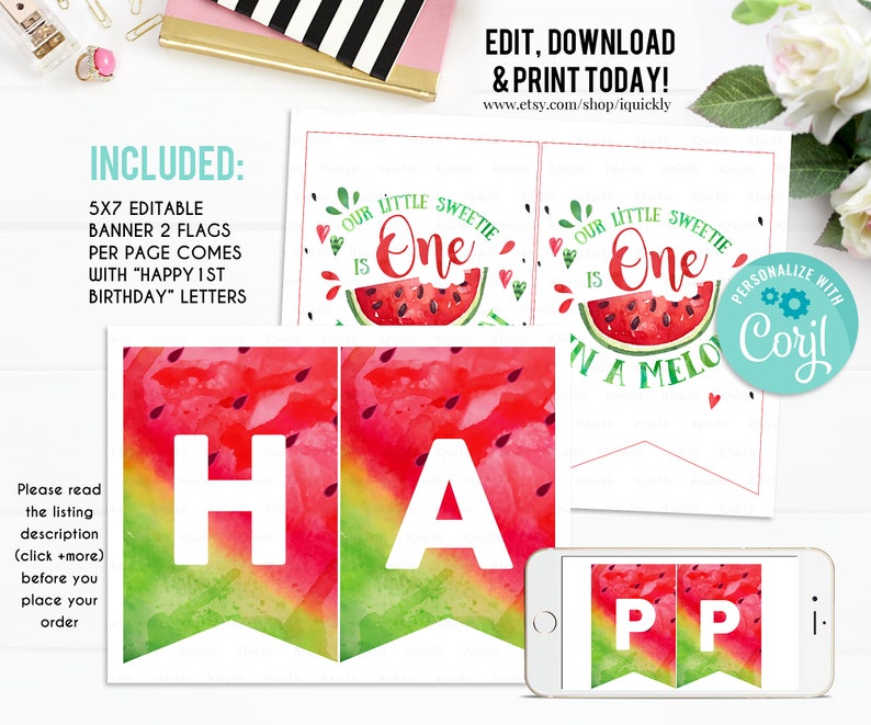 Editable Watermelon Party Package, Red One in a Melon Party Decorations ...