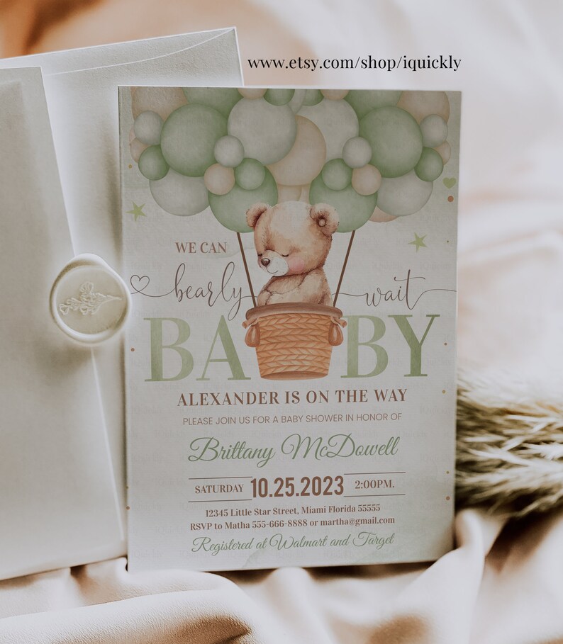 Editable We Can Bearly Wait Baby Shower Invitation Teddy Bear Hot Air ...