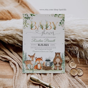Woodland Baby Shower Invitation, EDITABLE Gender Neutral Woodland animals invitations, Woodland Theme Invites Template Instant download image 5
