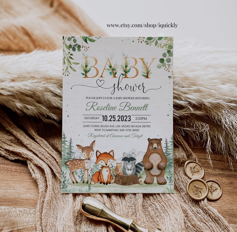 Woodland Baby Shower Invitation, EDITABLE Gender Neutral Woodland animals invitations, Woodland Theme Invites Template Instant download image 5