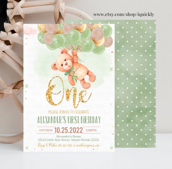 Editable Teddy Bear Birthday Invitation Boy Bear Themed Invite,1st Birthday Bear with Balloons Invitations template Instant download Il_570xn