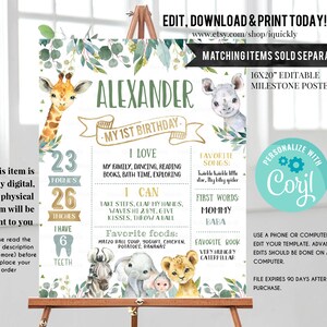 Pu&ograve; includere: Un poster di pietre miliari stampabile verde e oro per il primo compleanno. Il poster presenta una giraffa, un rinoceronte, una zebra e un leone. Il poster include il nome del bambino, Alexander, e dettagli sul suo primo anno, tra cui la sua altezza, il suo peso e i suoi cibi preferiti. Il poster &egrave; personalizzato con il testo "Coryl".