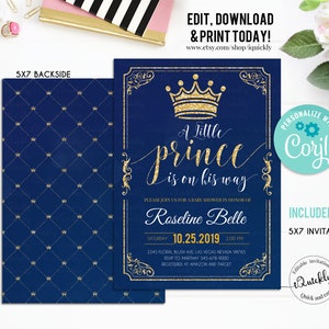 Prince Baby Shower Invitation EDITABLE , Crown Navy and Gold Boy Invite, Little Prince Invitations Instant Download Template Digital image 2