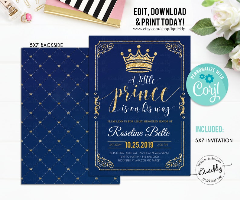 Prince Baby Shower Invitation EDITABLE , Crown Navy and Gold Boy Invite, Little Prince Invitations Instant Download Template Digital image 2