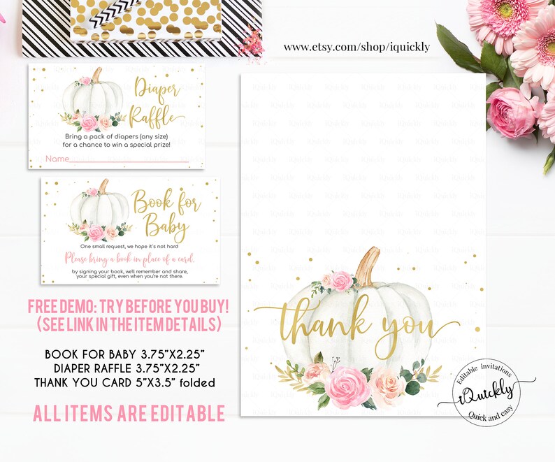 May include: Printable baby shower invitation with a white pumpkin with pink flowers and gold accents. The text says "Book for Baby" and "Diaper Raffle".