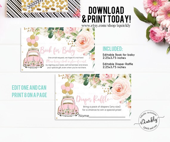 Instant access 002HPA 05 EDITABLE Floral blush pink diaper raffle book request eucalyptus books for baby confetti cards Pumpkin party
