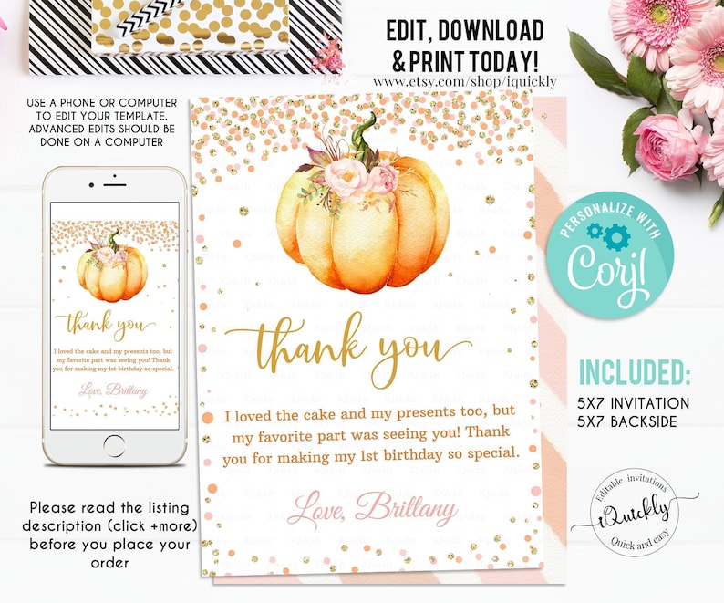 Editable Pumpkin Thank You Card Little Pumpkin Note Card - Etsy