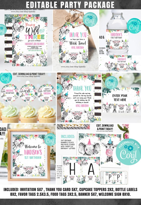 Editable Safari Party Decorations Girl Young Wild Three Party Package editable-safari-party-decorations-girl-young-wild-three-party-package