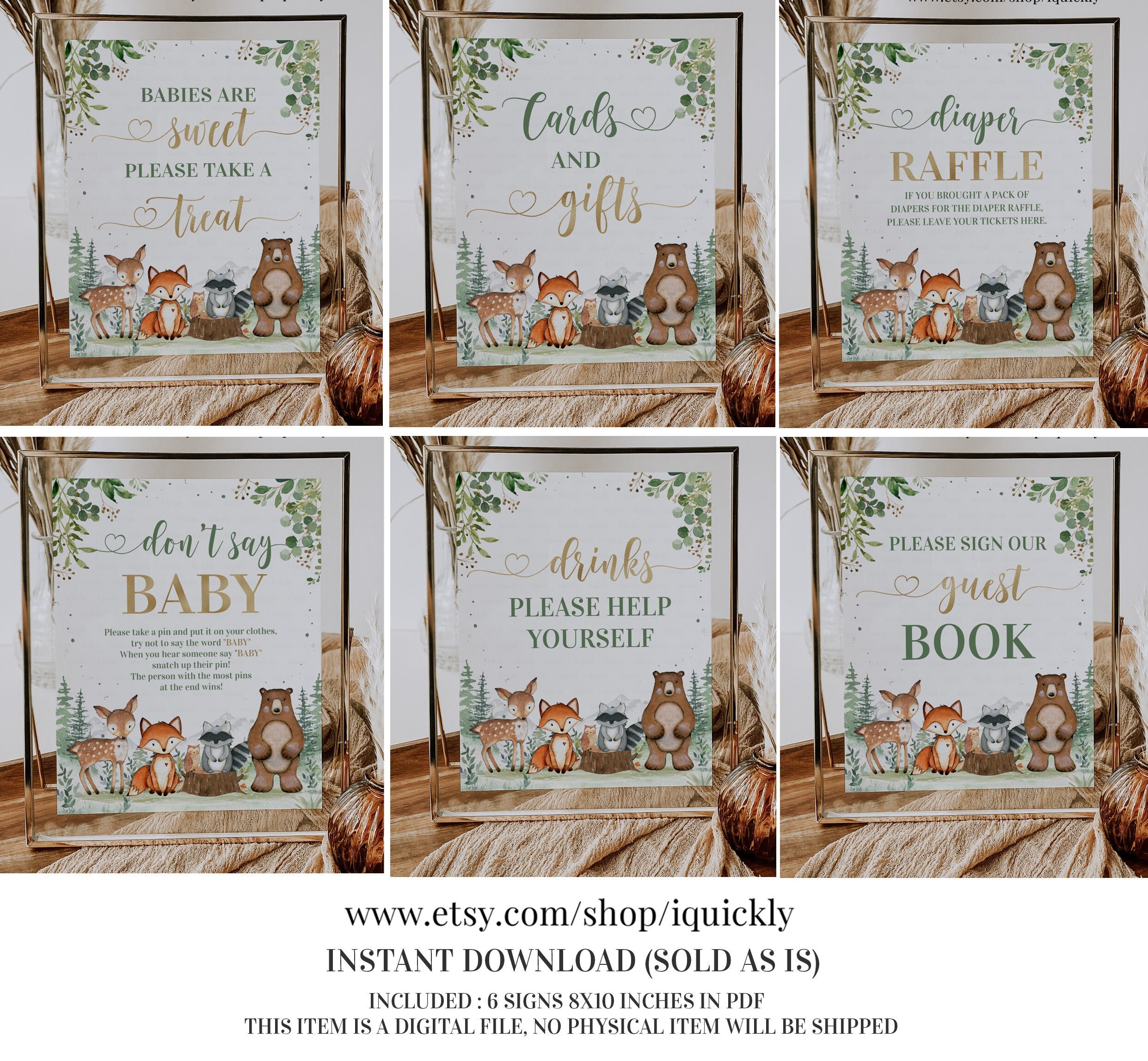 Woodland Baby Shower Table Signs Forest Cards and Gifts Diaper 