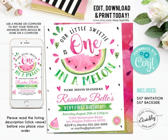 Editable Watermelon Invitation, Birthday Invitations, Pink Watermelon Party, One in a Melon, 1st Birthday Instant download Printable Digital Il_570xn