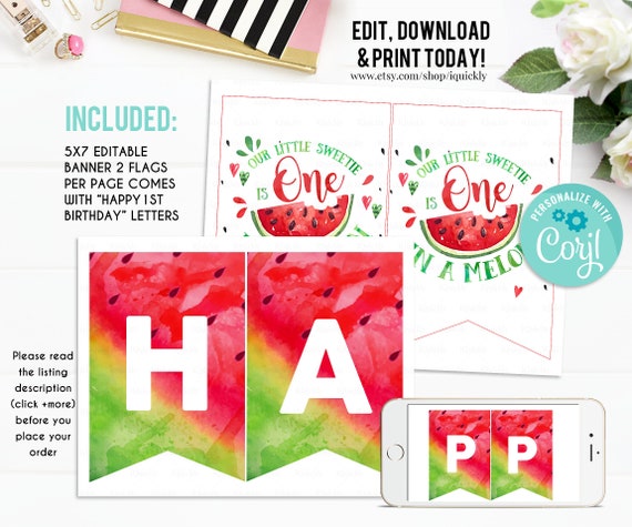 EDITABLE Watermelon Banner, Red Happy Birthday Banner, Printable 1st Birthday bunting banner, One in a melon Template, Girl Instant download Il_570xn