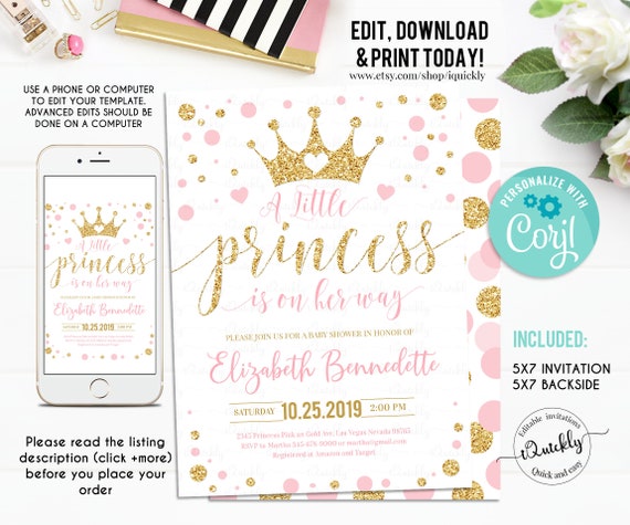 Editable Princess Baby Shower Invitation, Pink and Gold Little Princess Invitations, Gold Girl Invite, Instant Download Template Digital Il_570xn