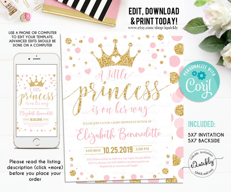 Editable Princess Baby Shower Invitation, Pink and Gold Little Princess Invitations, Gold Girl Invite, Instant Download Template Digital 