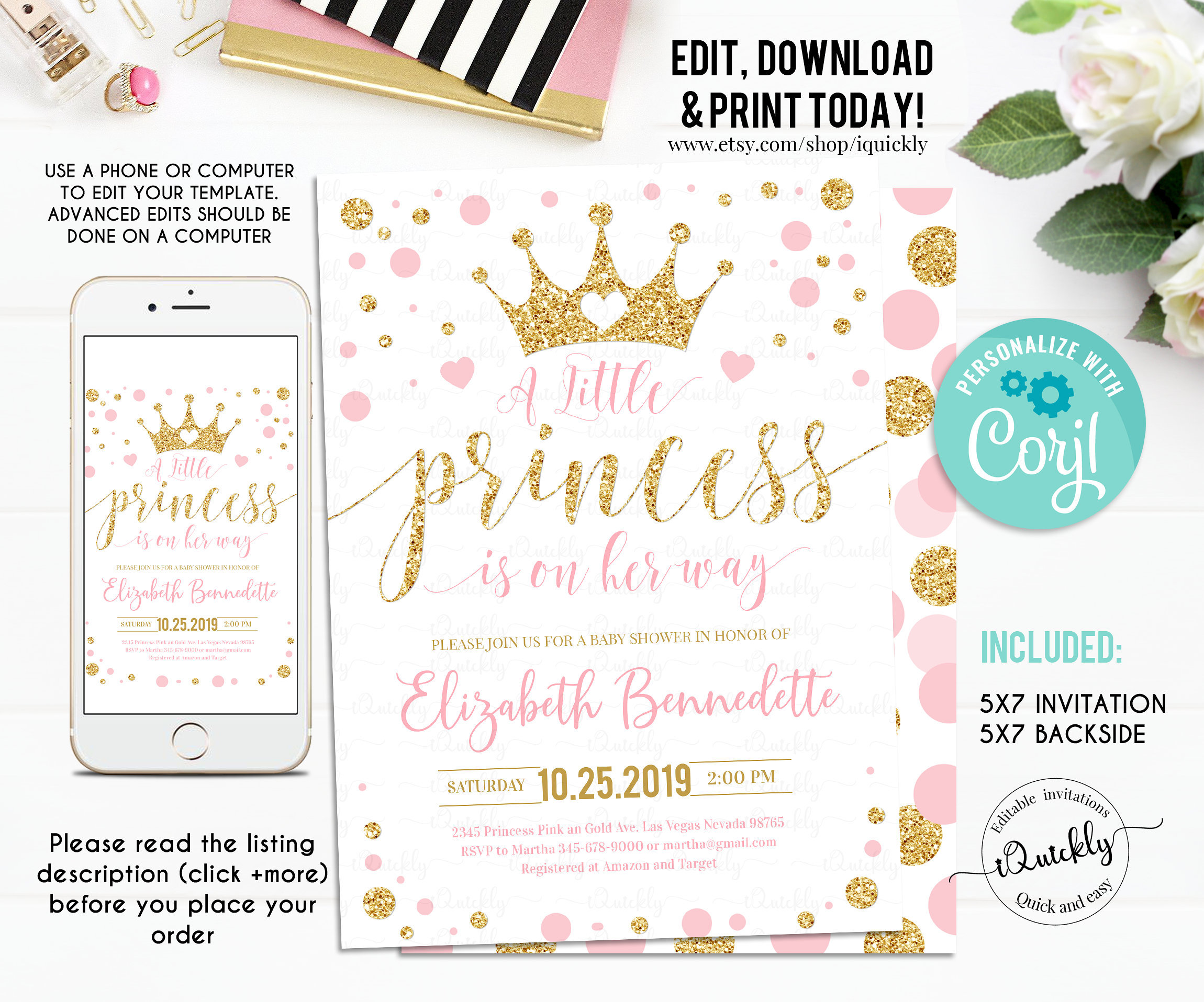 Editable Princess Baby Shower Invitation Pink and Gold Little - Etsy