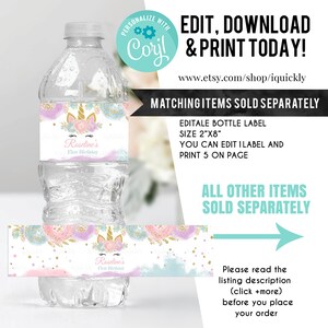 May include: Editable water bottle label featuring a unicorn with a floral crown and the text "Roseline's First Birthday". The label is 5.1 cm by 20.3 cm and can be printed 5 on a page.