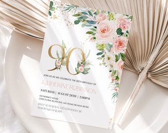 Peut inclure: Une carte d'invitation blanche avec des paillettes dorées et des accents floraux roses. Le numéro 90 est en or avec des fleurs roses. Le texte indique "Rejoignez-nous pour célébrer le 90e anniversaire de Katherine Robinson. Samedi | 28 août | 14h00. Maison de Katherine 2345 Floral Blush Ave. Las Vegas Nevada 98765 RSVP à Mariha 345-678-9000 ou Mariha@gmail.com www.etsy.com/shop/iquickly"