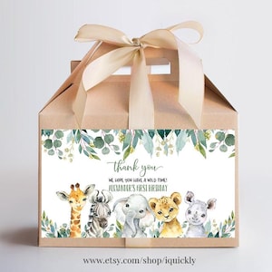 Etiquetas editables para cajas de regalo de fiesta de cumpleaños de safari, imprimibles de jungla, etiquetas para cajas de regalo de fiesta, plantillas de animales del zoológico para niño, descarga instantánea