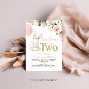 May include: A pink and gold birthday invitation with a cartoon bunny holding a pink balloon. The invitation says "Some Bunny is turning Two" and includes the details for Roseline's 2nd birthday party.