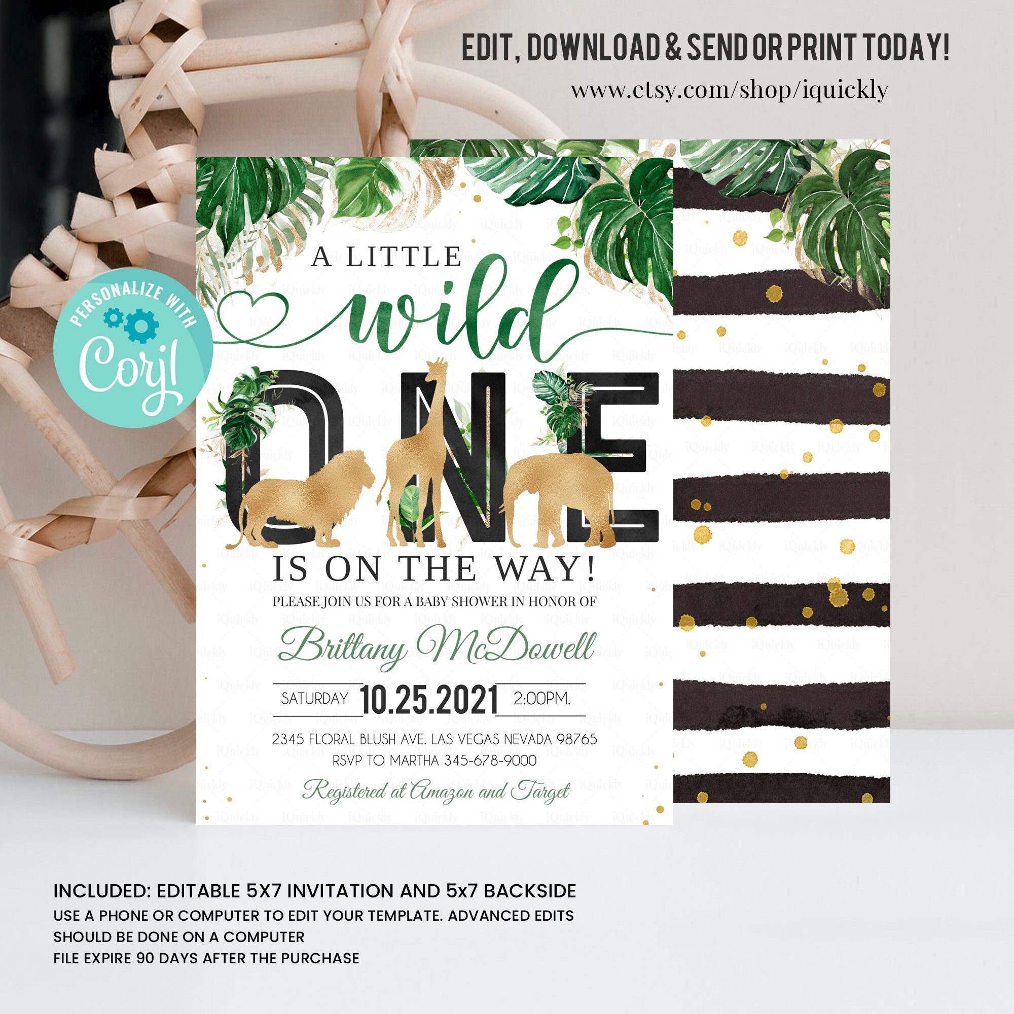 Editable Jungle Gold Baby Shower Invitation Wild One Baby - Etsy