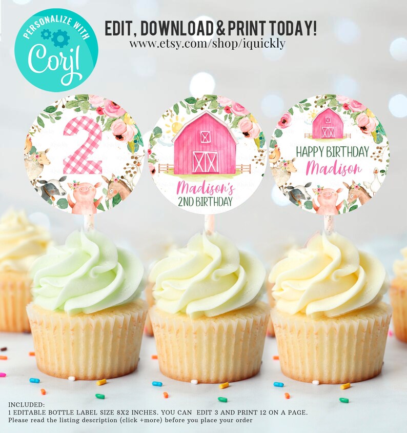 Editable Farm Birthday Cupcake Toppers Girl Barn Party Etsy