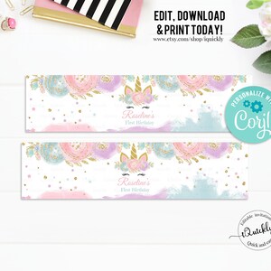 EDITABLE Unicorn Bottle Water Labels, Unicorn Baby Shower, Pink &amp; Gold ...