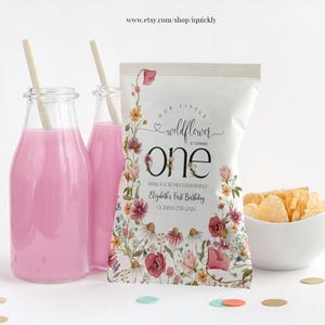 Etykieta na torbę z chipsami Wildflower Birthday Edytowalny ogród Pierwsze kwiatowe upominki na przyjęcie Wystrój Szablon do wydrukowania Cyfrowe pobieranie BI201