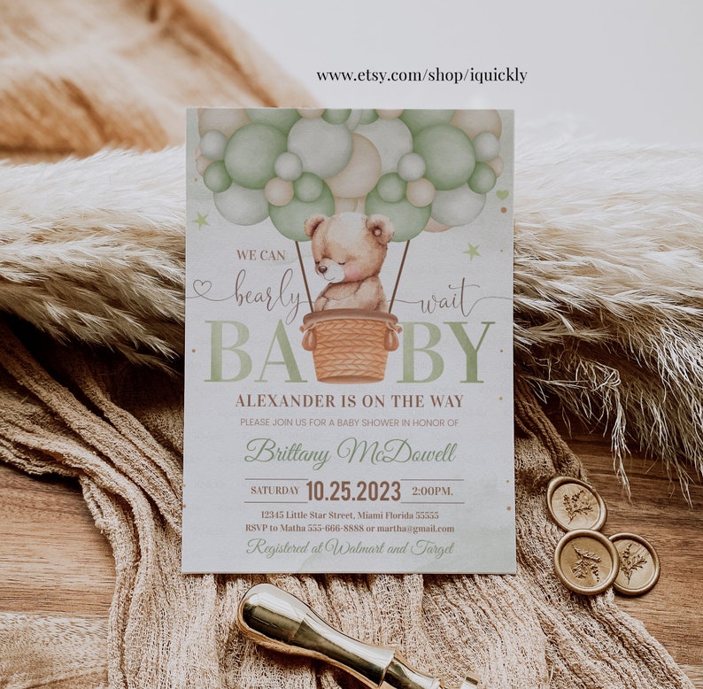Editable We Can Bearly Wait Baby Shower Invitation Teddy Bear Hot Air ...