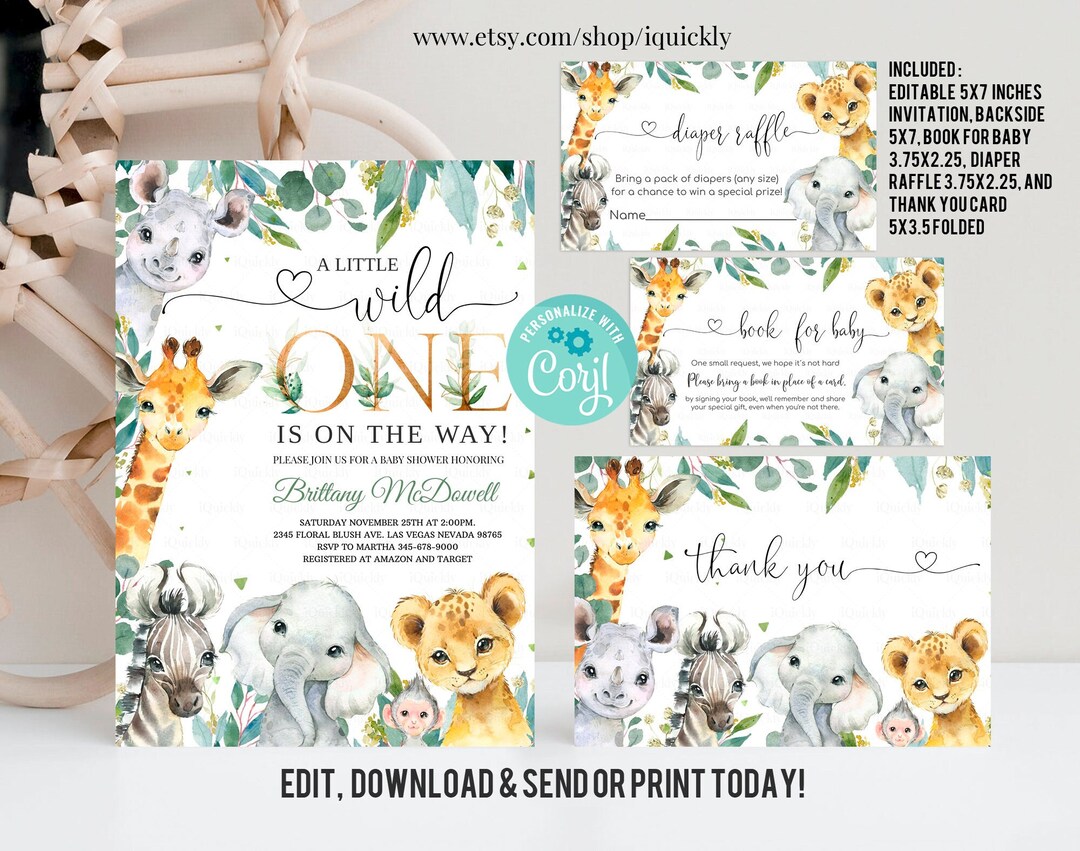 EDITABLE Wild One Safari Baby Shower Invitations Set Boy Wild One Baby ...