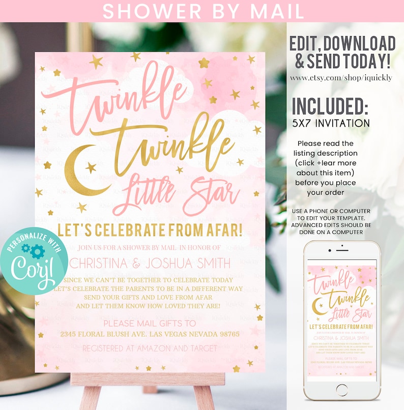 May include: Pink and gold twinkle twinkle little star baby shower invitation with a watercolor background. The invitation says "Let's celebrate from afar!" and includes the names Christina & Joshua Smith. The invitation also includes a link to the Etsy shop and a note that the invitation is editable.