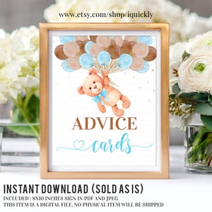 Signo de tarjetas de consejos de baby shower de oso de peluche, tarjetas de consejos de baby shower con temática de globos 8x10 Descarga instantánea digital imprimible