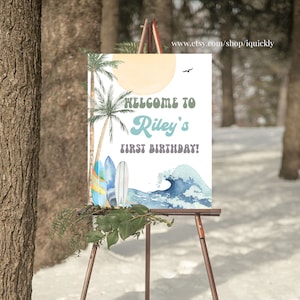 Editable The Big One Surf Welcome Sign Boy 1st Birthday First Sign Beach Party Retro Big Wave Template Corjl