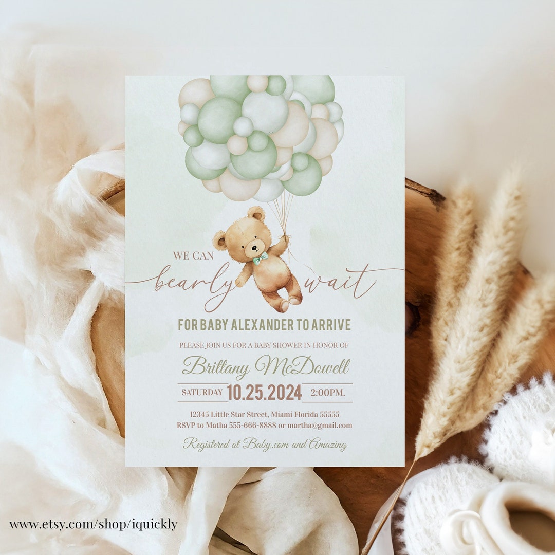 We Can Bearly Wait Baby Shower Invitation Editable Teddy Bear Baby ...