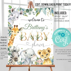 Cartello di benvenuto per baby shower con tema Safari, MODIFICABILE, cartello per compleanno di un bambino con animali della giungla, tema digitale Wild One, genere neutro, download immediato